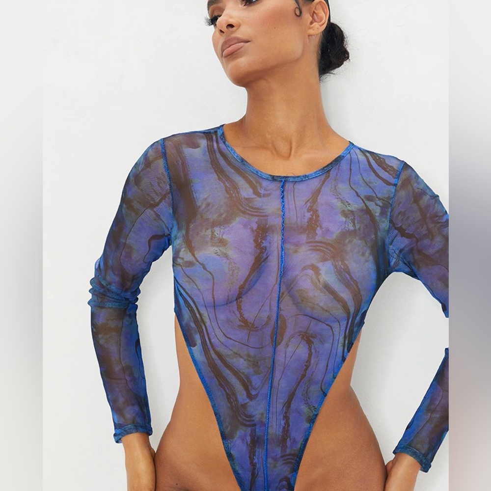 Blue Mesh Print Exposed Seam High Leg Bodysuit